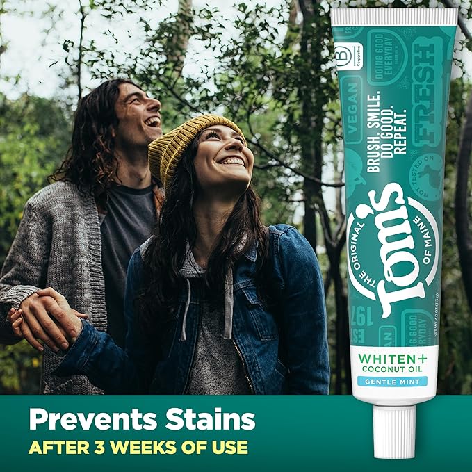 Tom’s of Maine Whiten Plus Coconut Oil Fluoride Free Toothpaste, Natural Whitening Toothpaste with Plant-Based Cleansers, Whitens Without Causing Sensitivity, Gentle Mint, 4.0 Oz (Pack of 3)