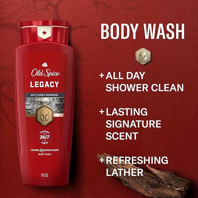 Old Spice Body Wash for Men, 24/7 Shower Fresh & Clean with Daily Use, Lasting Signature Scent, Refreshing Lather, Moisturizing Formula, Legacy with Coconut, Pine & Cedar Scent, 16 oz