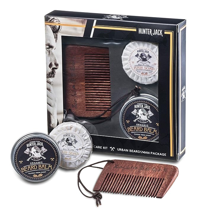 Hunter Jack Beard Kit for Men - Sandalwood Beard Comb, Beard Soap, and Beard Balm - Fine Tooth Mustache Comb - Mens Beard Kit for Care and Grooming in Premium Gift Box