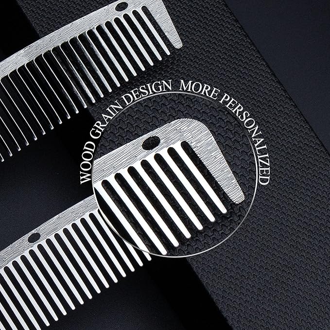 2 Pcs Metal Pocket Combs, Small Comb for Men Women, Mustache Comb Steel Beard Comb, Travel Comb, Easy Take, Wood Grain Design