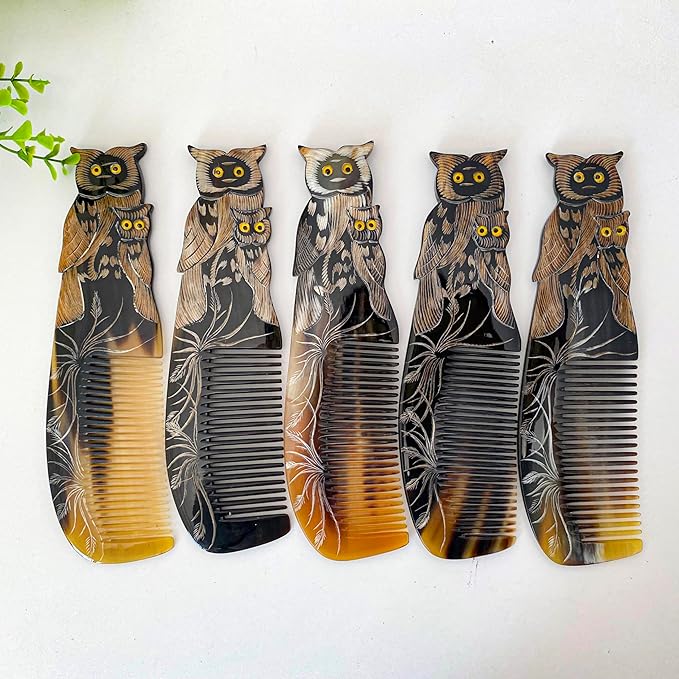 Symbol of LUCK & Knowledge, Natural Buffalo Horn Comb, Ox Horn Comb Anti-Static, Luxury Double Pigeon, Buffalo Horn Hair Comb for Anti Static Massage (Owl)