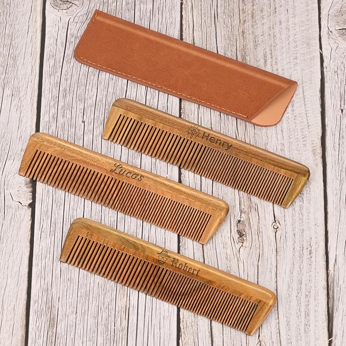 Onedor Wooden Comb, Personalized Custom Fine Tooth Combs for Men's Hair, Beard & Mustache, Anti-Static Sandalwood Comb, 100% Nature Handmade, Customized Gifts for Men - With Leather Case