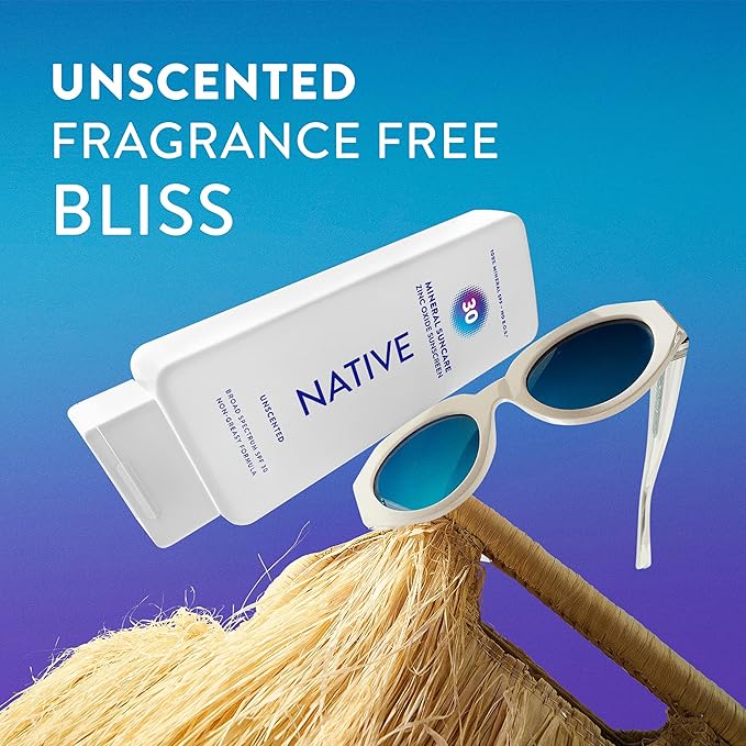 Native Sunscreen Lotion Unscented SPF 30, 100% Mineral SPF for Face & Body Broad Spectrum UVA UVB for Men & Women, Suitable for Sensitive Skin & Hawaii Compliant, Lightweight & No Residue, 7oz