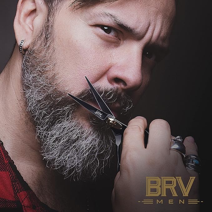 BRV MEN Razor Sharp Beard & Mustache Scissors - 5" - High Carbon Stainless Steel - Facial Hair Trimming Shears - RIGHT HANDED, Black