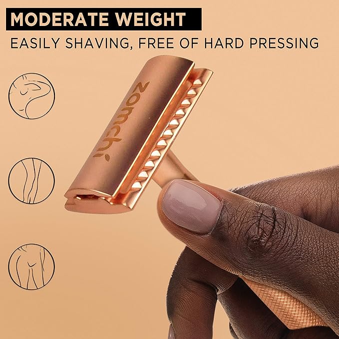 ZOMCHI Single Blade Razors for Women – Reusable Ladies Razor for Legs with 5 Double Edge Safety Razor Blades, Eco-Friendly Manual Shaving Razor - Rose Gold