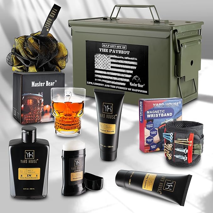 MASTER BEAR Ammo Can Gift Set For Men | Birthday Fathers Day Gifts From Wife, Son, Daughter for Husband, Dad | Glass Mug, Wristband, Sandalwood Amber - Bath Body Wash, Body Lotion, Facial Scrub mor