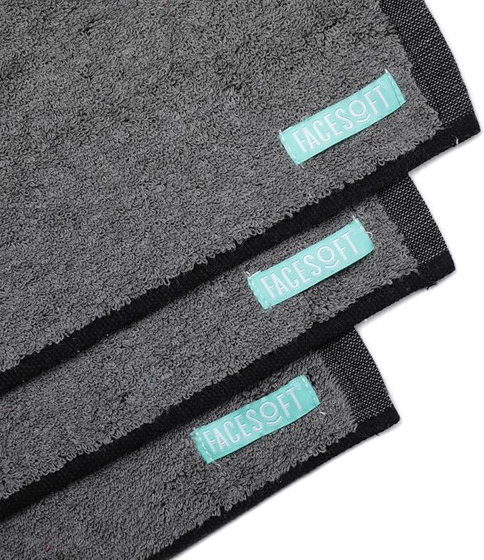 FACESOFT Mini Towels Charcoal 2X PRO Detox Multipack - Double Activated Charcoal - Pulls Toxins and Impurities from Skin - Soft and Absorbent Cotton Exercise Towel - Workout Towel for Sweat - 3 Pc