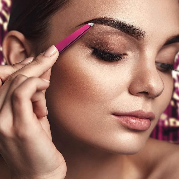 Professional Slanted Tweezers for Women and Men | High Carbon Stainless Steel Sharp Tweezer | Tweezers for Women Facial Hair Plucking, Hand-Filed & Aligned Precision Slant Tips - Pink