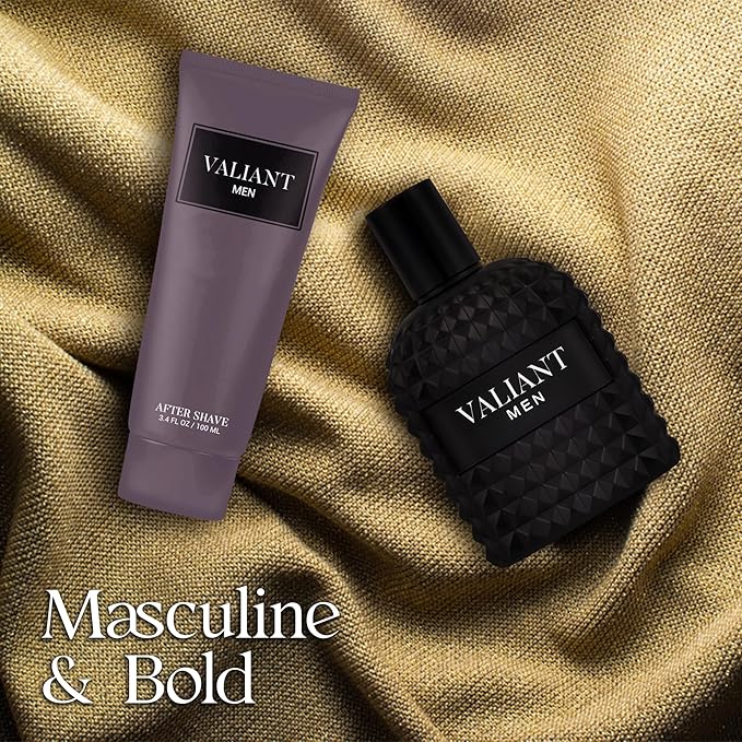Valiant Men Cologne Set - 3.4Fl Oz*2PCS Eau de Parfum Spray & 2PCS After Shave Lotion | Long-Lasting Fresh Fragrance with Jasmine & Vanilla Bourbon, Cologne Gift Set for Men
