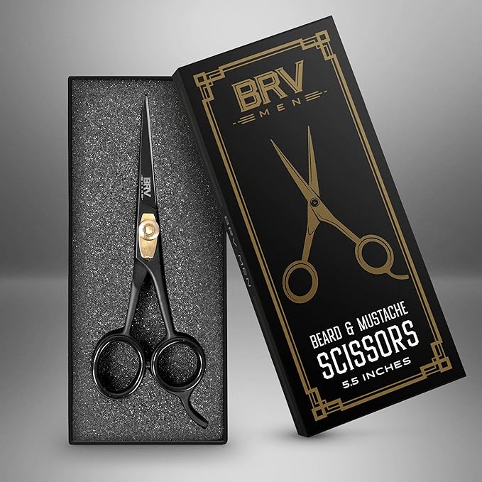 BRV MEN Razor Sharp Beard & Mustache Scissors - 5" - High Carbon Stainless Steel - Facial Hair Trimming Shears - RIGHT HANDED, Black