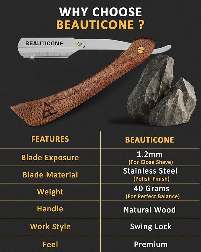 BEAUTICONE Straight Razors for Men, Straight Edge Razor, Stainless Steel, Barber Razor for Men's Shaving, Barber Shaving Knife, Rose Wooden Swinglock