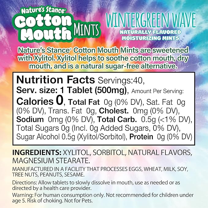 Nature’s Stance Cotton Mouth Xylitol Mints for Dry Mouth Relief - Sugar Free Mints, Stimulate Saliva & Freshen Breath, Throat, Teeth, Gums - Xylitol Lozenges, 40 Count (Wintergreen Wave)