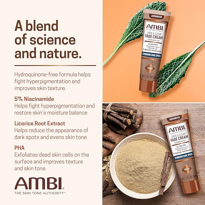 Ambi Even & Clear Advanced Fade Cream, Hydroquinone-free, Hyperpigmentation Treatment, Stubborn Dark Spot Corrector, Results In As Little As 2-3 Weeks, Niacinamide, Licorice Root Extract, PHA, 1 Fl Oz