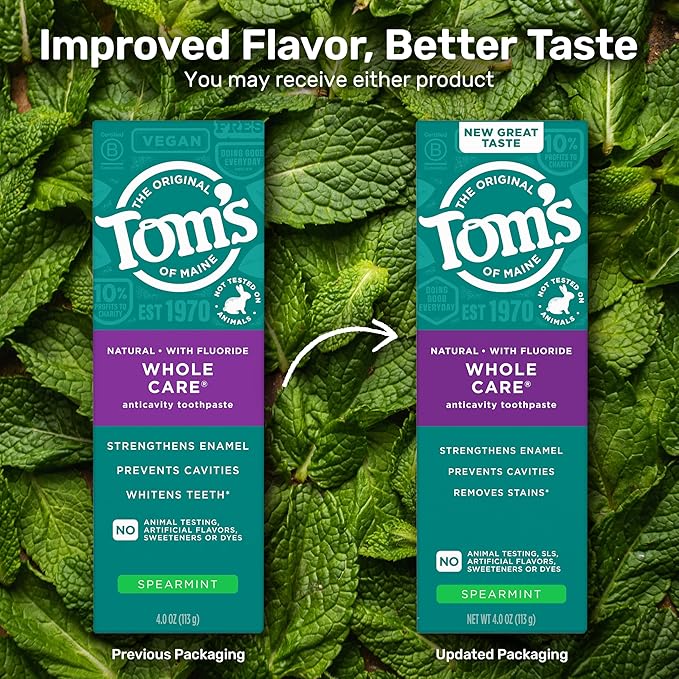 Tom's of Maine Whole Care Natural Toothpaste with Fluoride, Spearmint, 4 Ounce (Pack of 3), (Packaging May Vary)