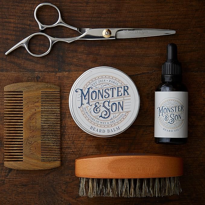 Monster&Son Premium 7-Item Organic Beard Kit - Beard Oil, Beard Balm, Beard Brush, Beard Comb, Scissors, Canvas Travel Bag - Male Grooming Kit in Gift Box - Great Mens Birthday Gift - Father's Day