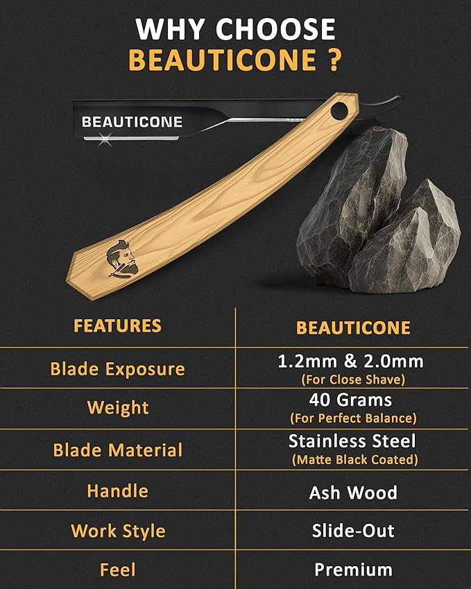 BEAUTICONE Straight Razors for Men, Professional Barber Razors, Premium Straight Edge Razor, Shaving Knife, Shavette, Stainless Steel, Wooden Handle, With PU Leather Case