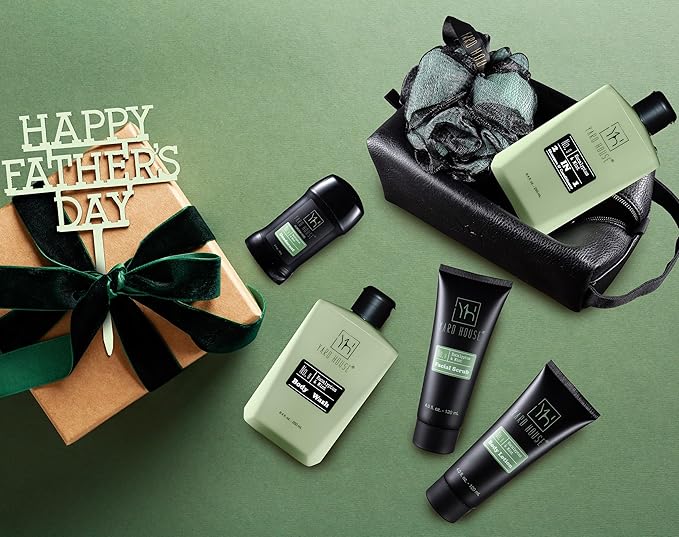 Mens Luxury Bath and Body Gift Set For Him - Skin Care Kit in Eucalyptus and Mint - Fathers Day Birthday Christmas Gifts Ideas For Men - 7Pcs Set w. Full Size Items in Leather Toiletry Bag