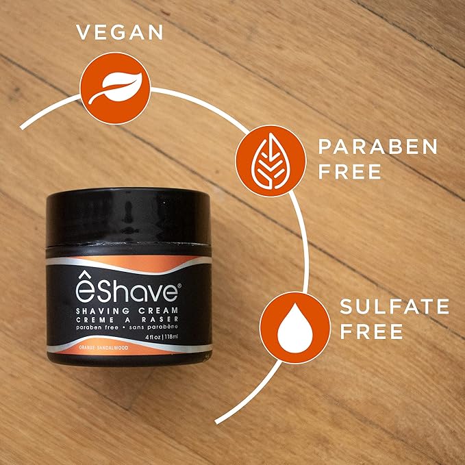 eShave Shaving Cream for Men, Orange Sandalwood, prevents shaving irritation and razor burn, generates a rich lather for a soft, silky, Smoothest shave