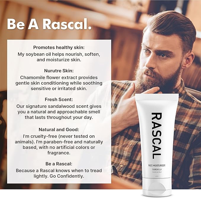Racal Men's Face Moisturizer - Nourishing and Hydrating Facial Moisturizer for Men, Chamomile Flower Extract & Soybean Oil, Natural Sandalwood Scent, Paraben-Free, Cruelty-Free - 4 Oz