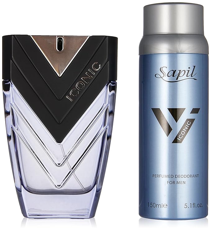 Sapil Perfumes “Iconic” for Men Giftset – Long lasting, Enticing scent for everyday from Dubai – Aromatic Woody scent – EDP 3.4 Oz (100ml) + Deo 5.1 oz (150ml)