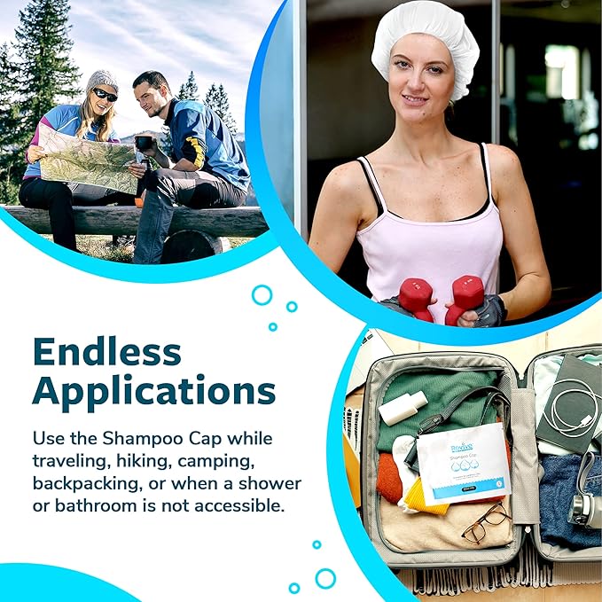 New Road Health Supply - Rinse Free Shampoo Cap, Shampoo and Condition Without Water, Shower Cap for Women and Men, PH Balanced and Hypoallergenic, for Camping Essentials, Elderly, 6-Pack