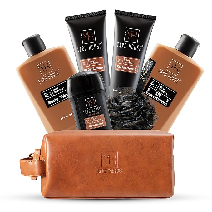 Luxury Mens Bath and Body Gift Set Basket For Him - Smoky Sandalwood - All Natural Skin Care Kit For Men w. Full Size Body Wash, Facial Scrub, Body Lotion, Deodorant in Leather Toiletry Bag