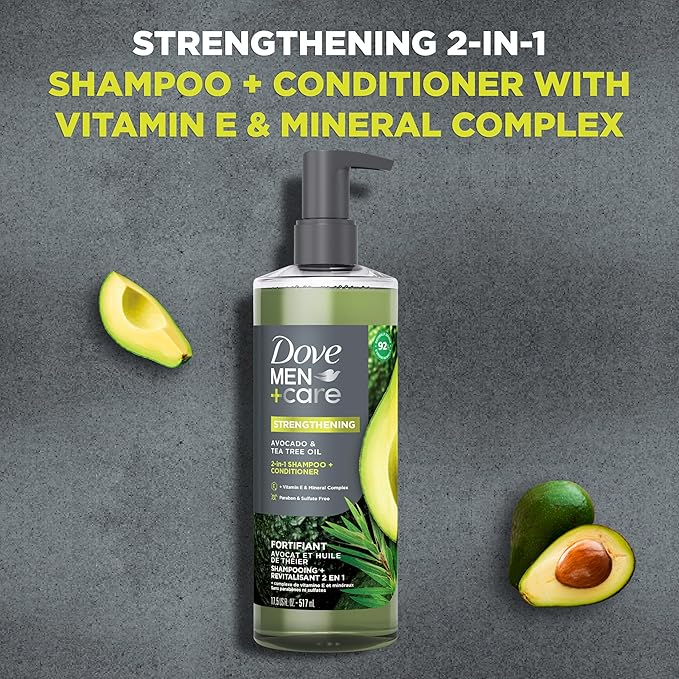 Dove Men+Care 2-in-1 Shampoo + Conditioner Avocado & Tea Tree Oil for Strengthening Hair, with Vitamin E & Mineral Complex, 17.5 oz