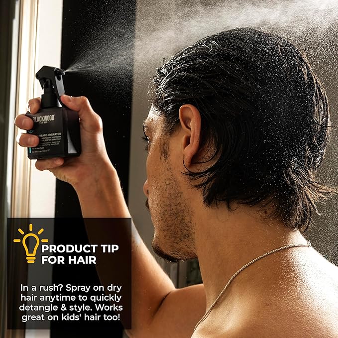 Blackwood For Men Hair & Beard Hydrator Spray - Natural Leave-In Conditioner - Moisturizes, Texturizes, Shapes & Detangles - Ideal for Beard Growth & Care - Vegan Men's Grooming Essential (4 oz)
