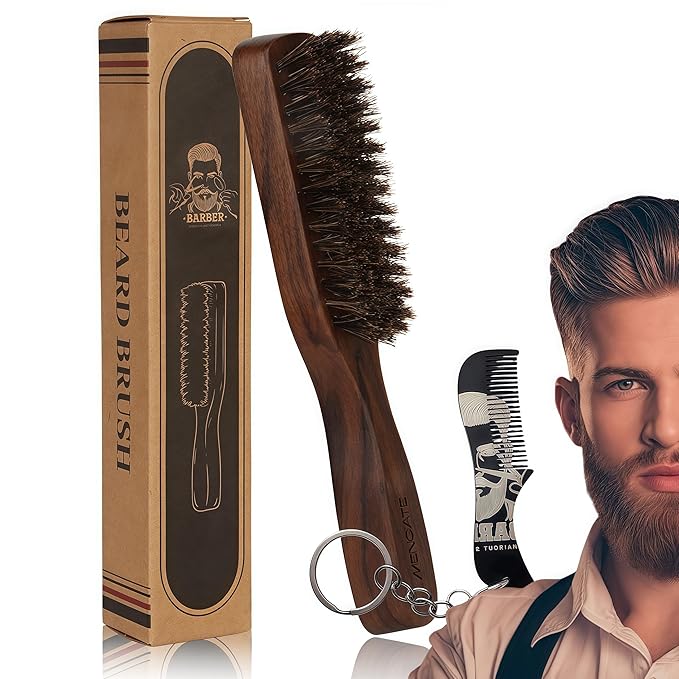 Boar Bristle Beard Brush for Men - Wooden Beard Brush and Slick Back Hair Brush with Metal Comb Keychain, Perfect for Home and Travel Use - Regular