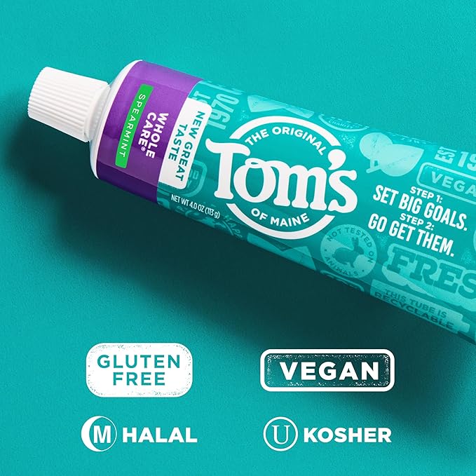 Tom's of Maine Whole Care Natural Toothpaste with Fluoride, Spearmint, 4 Ounce (Pack of 3), (Packaging May Vary)