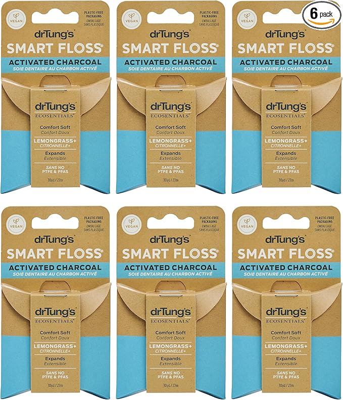 DrTung's Vegan Activated Charcoal Floss - Natural Floss, PTFE & PFAS Free, Gentle on Gums, Expands & Stretches, BPA Free- Natural Dental Floss Lemongrass Flavor (Pack of 6)