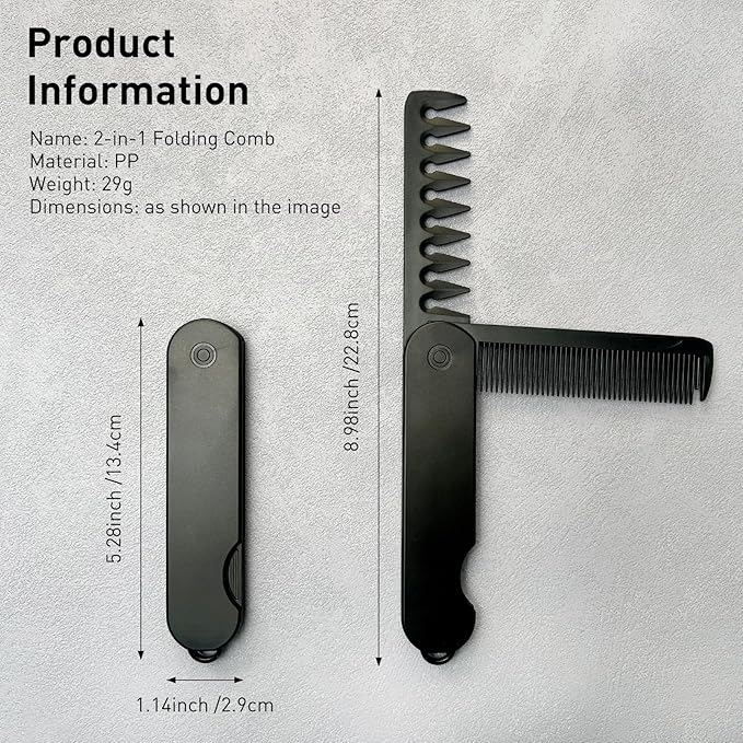 2-in-1 Men's Protable Folding Pocket Comb - Black, Fine & Wide Tooth Comb for Hair and Beard Grooming