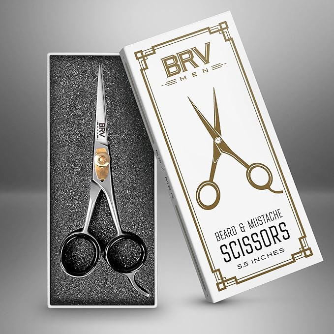 BRV MEN Beard & Mustache Scissors - 5" - High Carbon Stainless Steel - Razor Sharp Facial Hair Trimming Shears - RIGHT HANDED, Silver