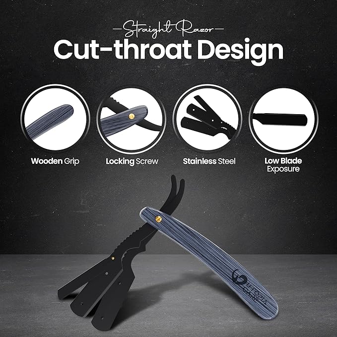 Utopia Care Straight Razors For Men, Professional Barber Straight Edge Razor with 100 Single Edge Blades, Stainless Steel, Beard Shaving Kit For Men, Premium Smooth Natural Wooden Grip, Black