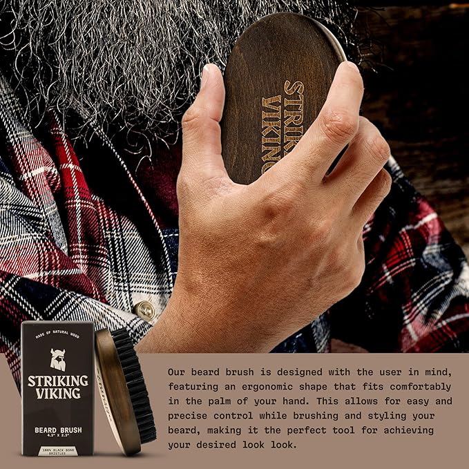 Striking Viking Beard Brush for Men - 4.3-Inch Beech Wood Handle, Brown - Boar Bristle Beard Brush, Travel Size Detangler & Static Reducer