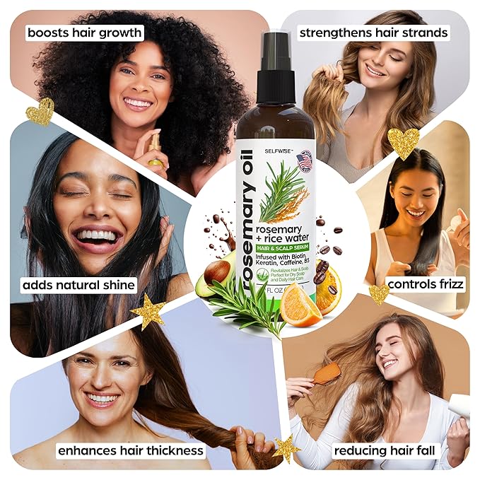Rosemary Oil and Rice Water Hair Growth Spray - Serum with Biotin, Keratin, Caffeine, Vitamins C & B5 for Hair Mask, Hair Care, Scalp Treatment, Thickening Dry Damaged Hair for Women & Men 12oz