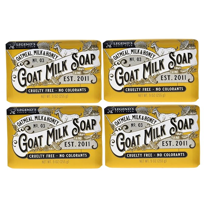 Legend's Creek Farm Goat Milk Soap - Triple Milled Moisturizing Bar for Hands and Body - 9 Oz Creamy Lather, Nourishing, Natural Soap for Sensitive Skin (Oatmeal, Milk & Honey, Pack of 4)