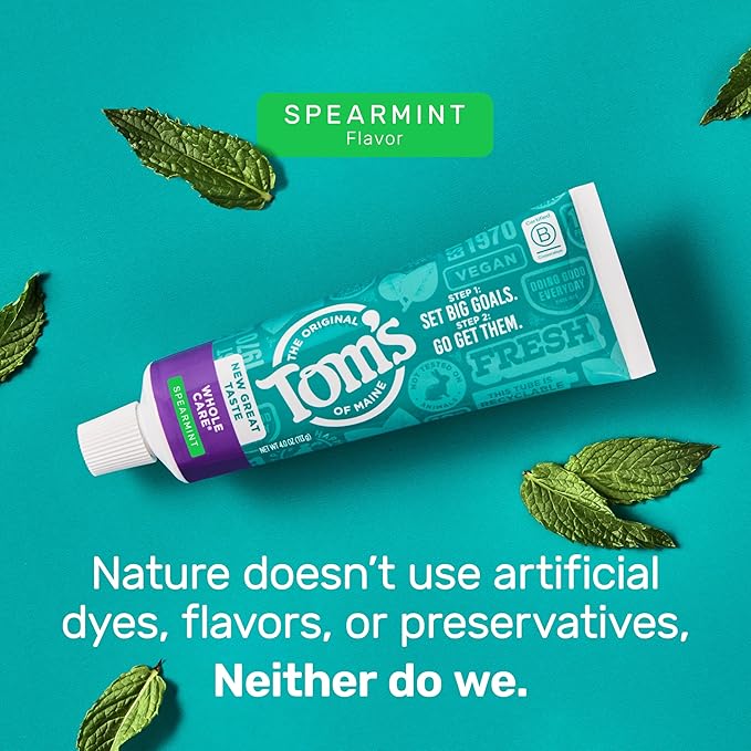 Tom's of Maine Whole Care Natural Toothpaste with Fluoride, Spearmint, 4 Ounce (Pack of 3), (Packaging May Vary)