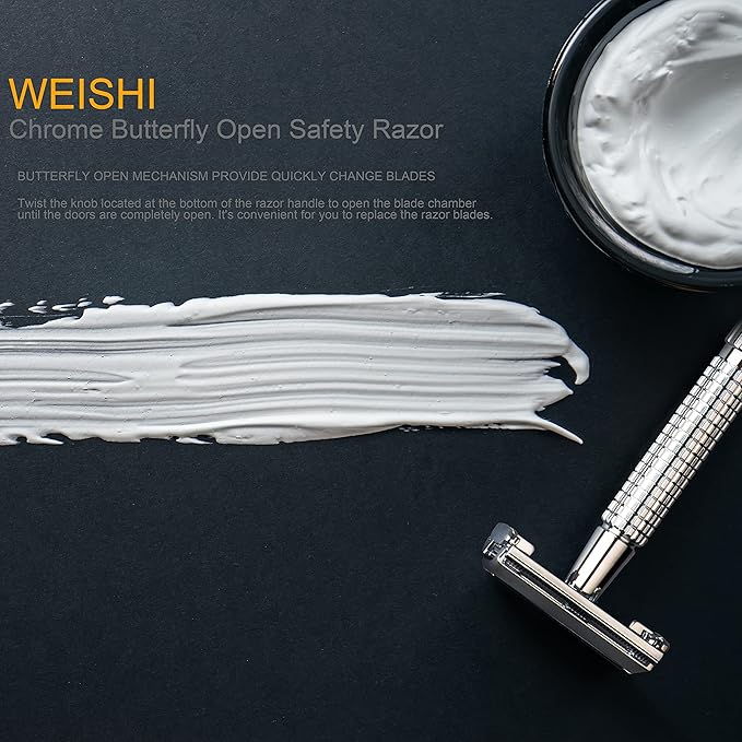 WEISHI Butterfly Open Double Edge Safety Razor for Men, Chrome Long Handle with 5 Stainless Razor Blades Included, Reusable Wet Shave Tool for Smooth, Close Shave