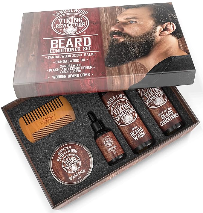 Viking Revolution Ultimate Conditioner for Men's Beard Grooming - Softens, Smoothes and Soothes Beard Itch- Contains Wash, Conditioner, Oil, Balm and Comb- Sandalwood Scent