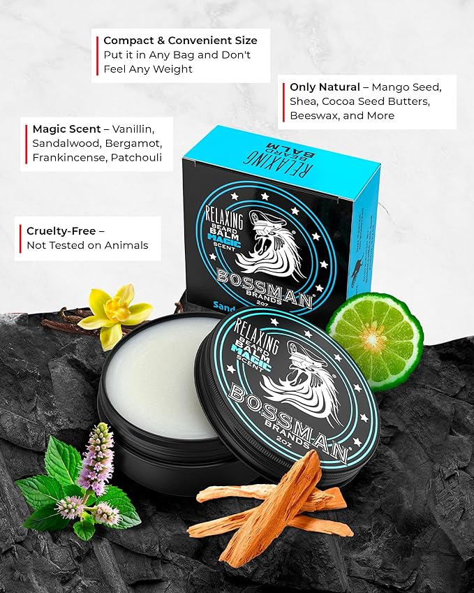 Bossman Relaxing Beard Balm for Men (Magic Scent) – Tames, Relaxes, Thickens & Softens for Ultimate Beard Care – Made in USA