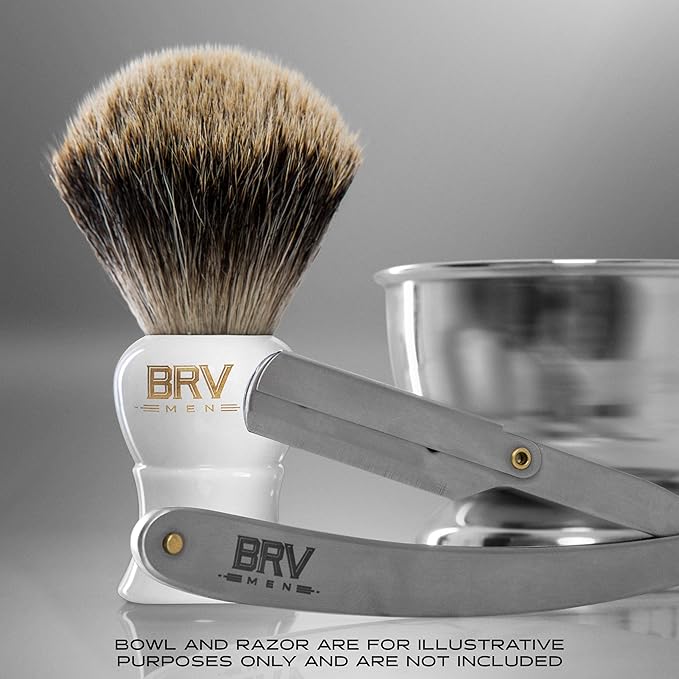 BRV MEN Pure Badger Shaving Brush LARGE (24mm knots) - Heavy Resin Handle - Use with Double-Edge Safety Razor, Straight Razor and Shaving Bowl - White