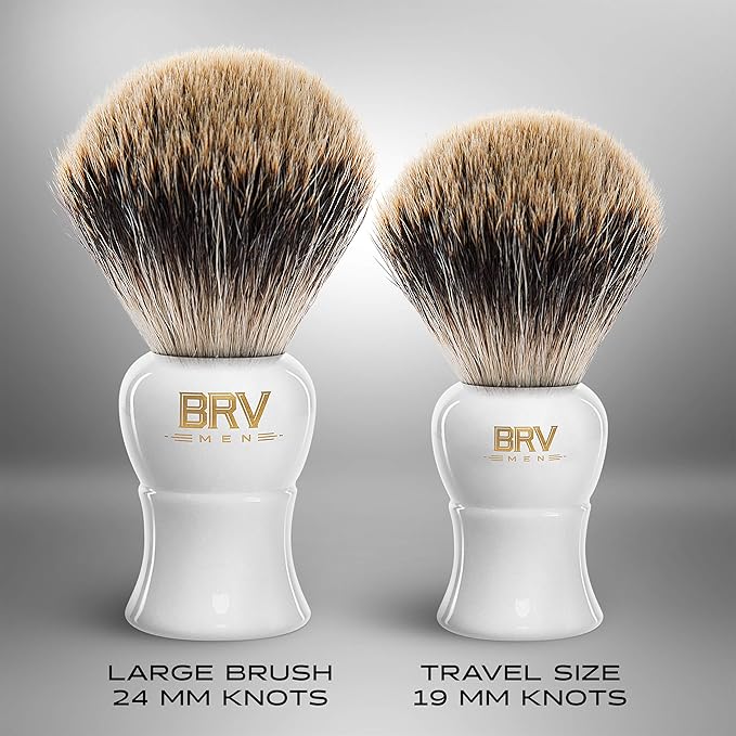 BRV MEN Pure Badger Shaving Brush (19mm knots) - Heavy Resin Handle - Use with Double-Edge Safety Razor, Straight Razor and Shaving Bowl (White)