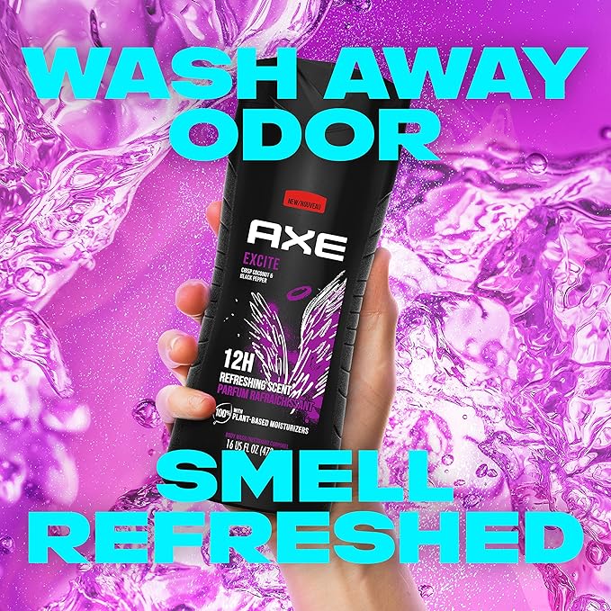 AXE Body Wash 12h Refreshing Scent Excite Crisp Coconut and Black Pepper Men's Body Wash with 100 percent Plant-Based Moisturizers 16 oz