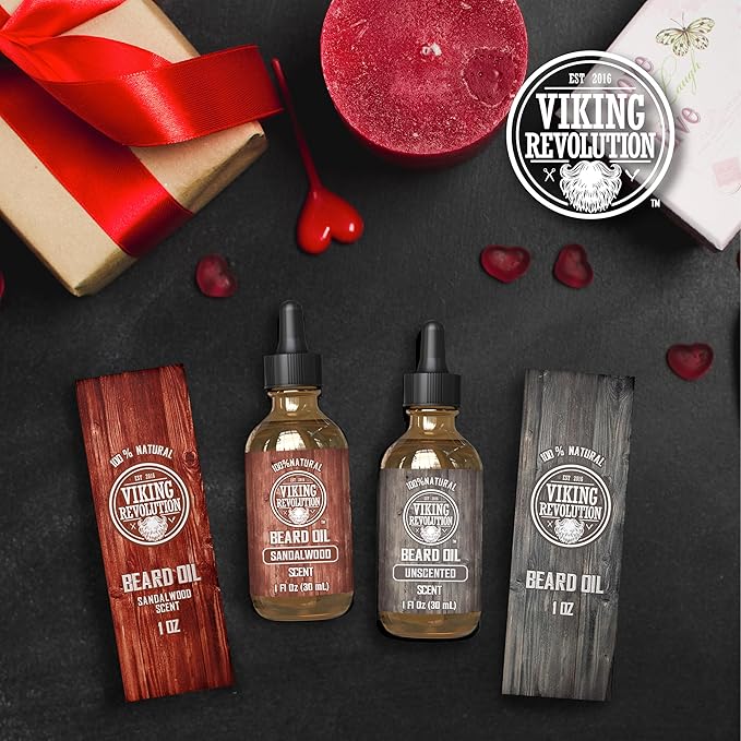 Viking Revolution Sandalwood and Unscented Beard Oil for Men - Natural Mens Beard Oil with Argan Oil and Jojoba Oil - Beard Softener, Strengthens and Moisturizes - Beard Conditioner for Men (2 Pack)