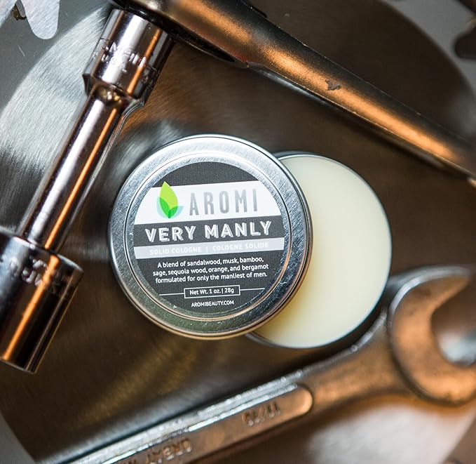 Aromi Solid Cologne for Men | Sandalwood, Musk, Woodsy Fragrance, Travel, Alcohol-Free, Wax-Based Scent, Vegan, Men's Gift, Stocking Stuffer (Very Manly)