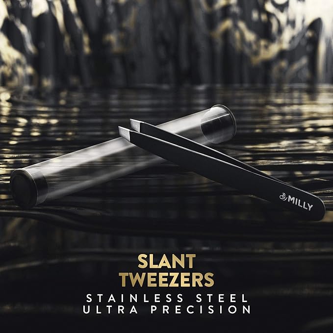 Professional Slanted Tweezers for Women and Men | High Carbon Stainless Steel Sharp Tweezer | Tweezers for Women Facial Hair Plucking, Hand-Filed & Aligned Precision Slant Tips - Black