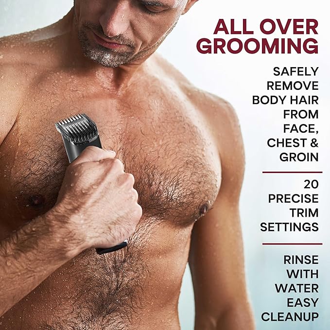 Bell+Howell Vacutrim Cordless Body Shaver for Men, Rechargeable Grooming Tool with 20 Trim Settings, Integrated Vacuum System - Black, 7.5", As Seen On TV
