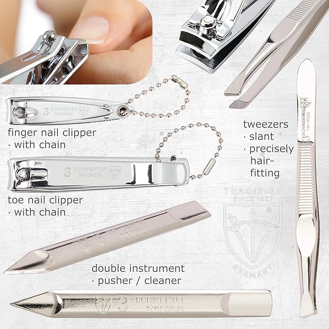Swords Germany - brand quality 8 piece manicure pedicure grooming kit set for professional nail care genuine leather case white - Made in Germany