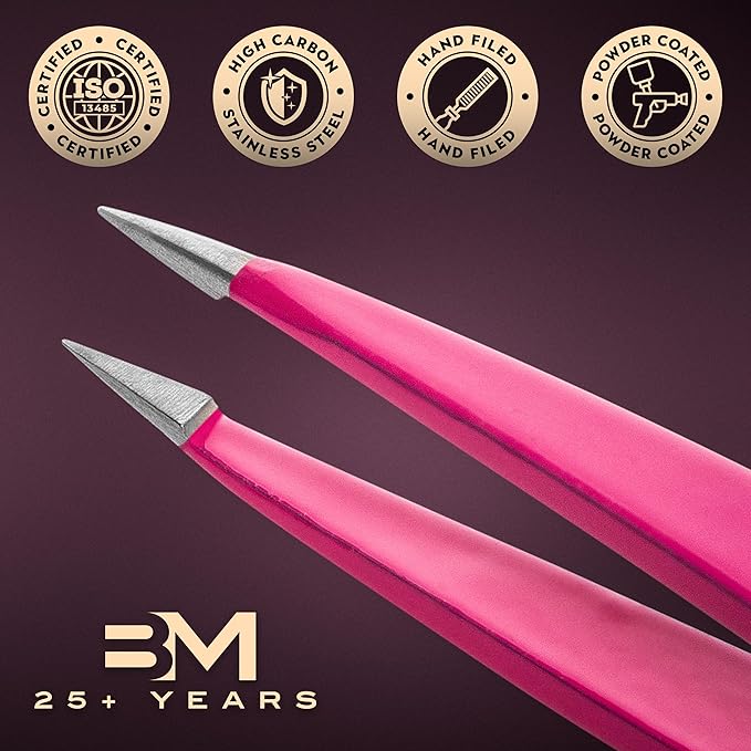 Pointed Tweezers | High Carbon Stainless Steel Needle Nose | Fine Point Precision Hair Removal | Perfectly Aligned & Hand-Filed Sharp | Pink